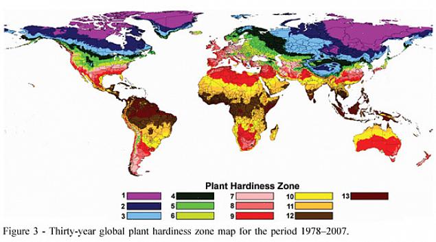 Dette hardiness-zonkort fra Australian National Botanic Gardens repræsenterer en modificeret version